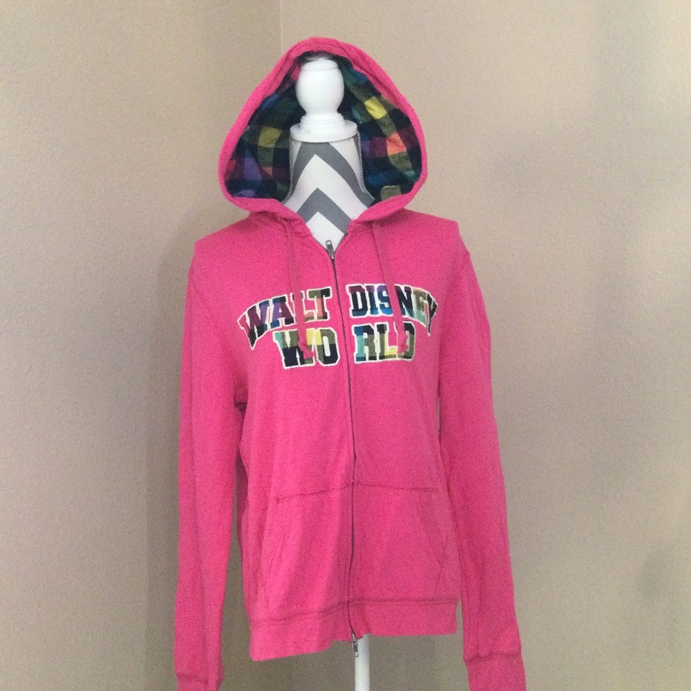 RARE Walt Disney World Colorful Plaid Hot Pink Zipper Hoodie - Size XL - NWT
